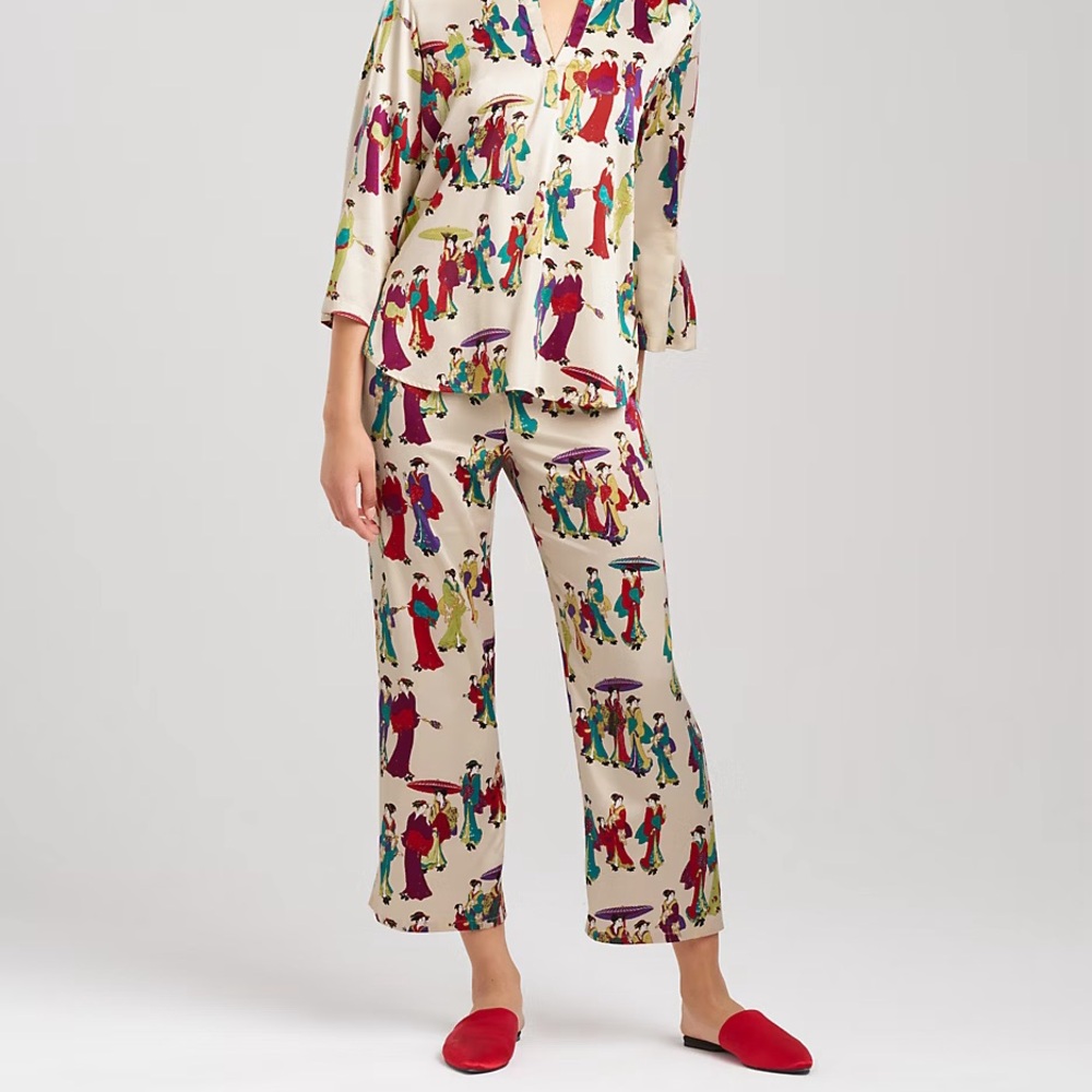 Natori Geisha Patterned Satin Pajama Bottoms Size Medium